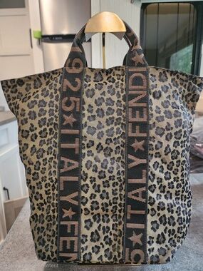 Fendi Leopard Print Tote with Branded Webbing Straps - Brown/Black
